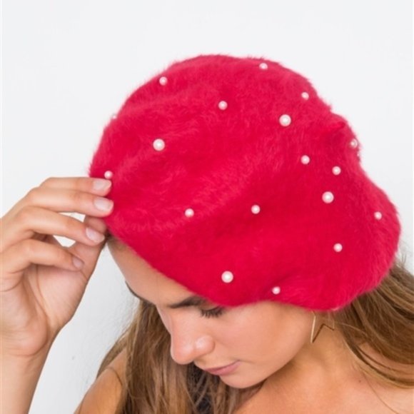 Red Beret with beaded detail (faux pearl)
